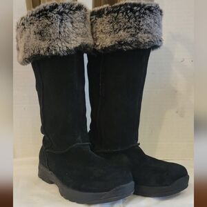 KHOMBU BLACK SUEDE LEATHER MID CALF BOOTS WITH FAUX FUR TRIM (sz‎ 4)